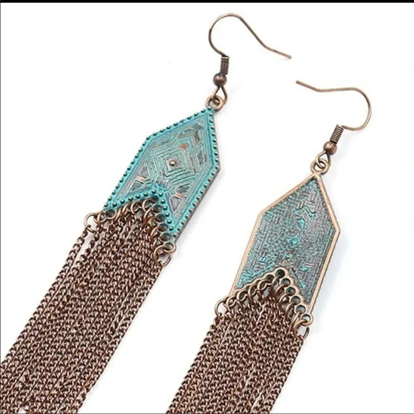 Turquoise Boho Tassel Earrings | Long Fringe Statement Jewelry - Picture 3 of 4